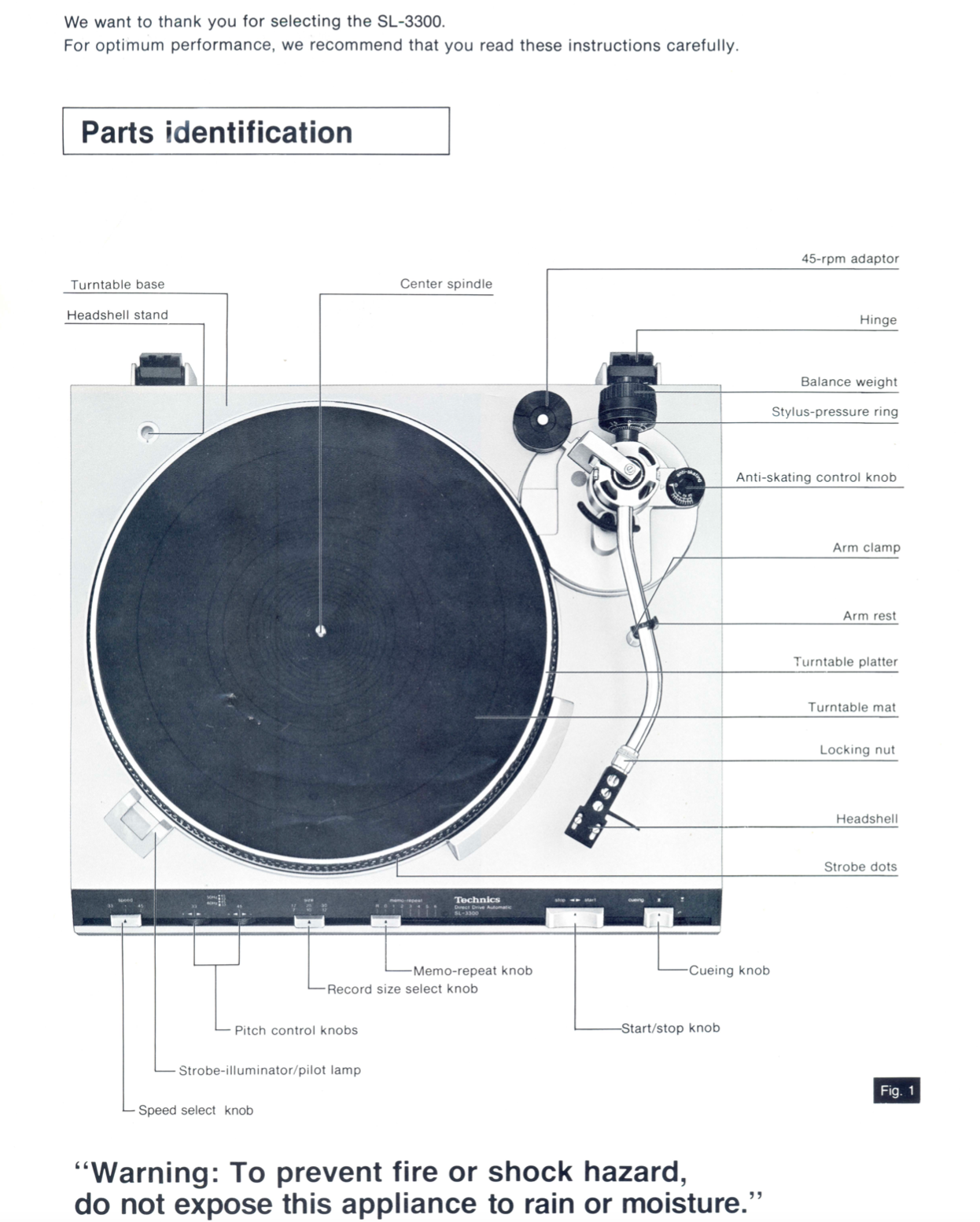 Technics SL-300 Turntable Record Player Operating Instructions